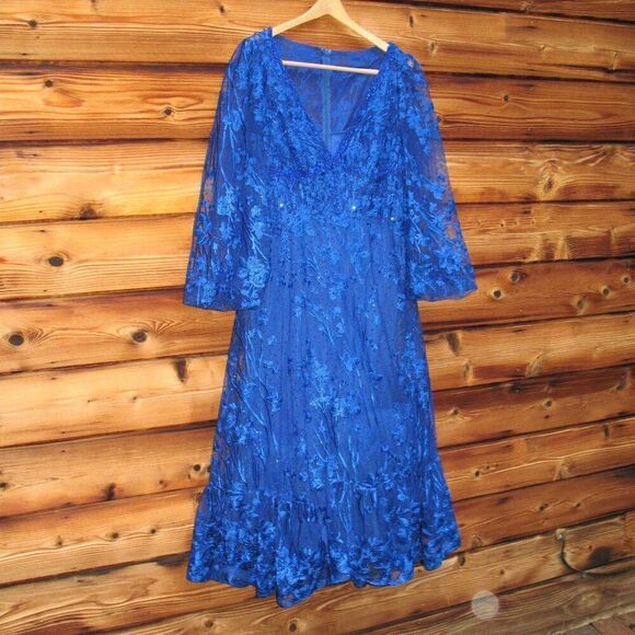 MAC DUGGAL 2051 Blue V-Neck Mesh Puff Sleeve A Line Embellished Tea Length Dress - Picture 6 of 13